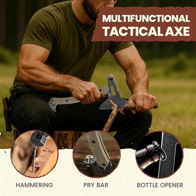 RXLUY Tactical Axe with G10 Handle Camping Survival Hatchet, Multifunctional Hiking Outdoor Heavy Duty Full Tang Tomahawk Tools with Hammer, Unique Design Crowbar, Leather Sheath (Gray) - Image 4